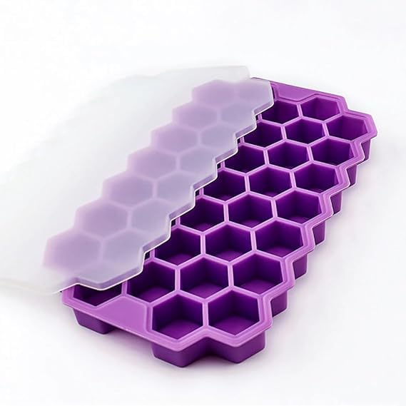 Image of AIG Silicone Ice Cube Trays with Lids - 1 Pack Easy-Release Hexagon Ice Maker for Freezer, Reusable Food-Grade Ice Molds for Cocktail Bar, Whiskey, Iced Coffee & Home Kitchen (Purple)