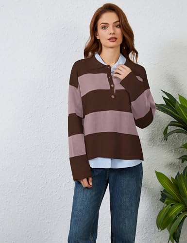 Image of Womens Striped Sweater Rugby Polo Shirts Y2k Collar Pullover Tops | Rugby Shirt,Long Sleeve Knit Top,Lapel V Neck Jumper,Oversized,Casual Outings Streetwear,Preppy Sweater,Fall Winter Clothes