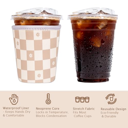 Image of Reusable Insulated Sleeve for Iced Coffee Cup, Coffee Neoprene Sleeve for Cold & Hot Drinks, Beverage Holder for Iced Coffee (Floral Checkers, Medium: 22-24oz)