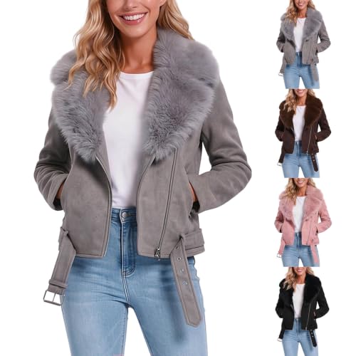 GOSEAGOTOFUN Womens Fleece Jacket Removable Faux Collar Coat Long Sleeve Zip Up Casual Jacket Fall Fashion Warm Cropped Coat Grey Small - image 1