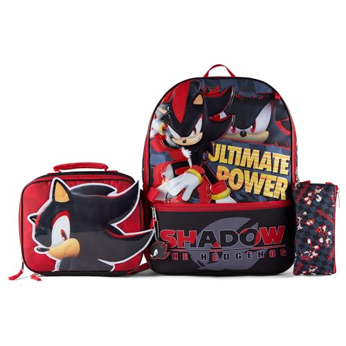AI ACCESSORY INNOVATIONS Sonic the Hedgehog 5 PC Backpack Set for Girls & Boys, 16” Book Bag Featuring Shadow The Hedgehog, Black