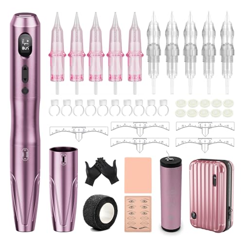 Biomaser Kit de máquina de maquillaje semipermanente inalámbrico con cartuchos de 10 piezas Agujas para cejas Labios Delineador de ojos Ombre Polvo para cejas Microsombreado Accesorios (S20-2)