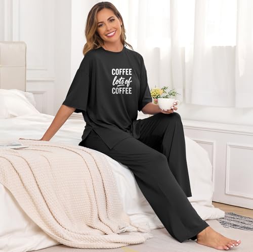 Image of PrinStory Womens Pajamas Sets 2 Piece Lounge Set Short Sleeve Tops and Long Pants Soft Pjs Loungewear with Pockets