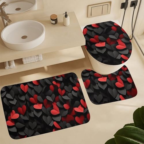 Housse de toilette et tapis de douche cœur imperméable 4 pièces
