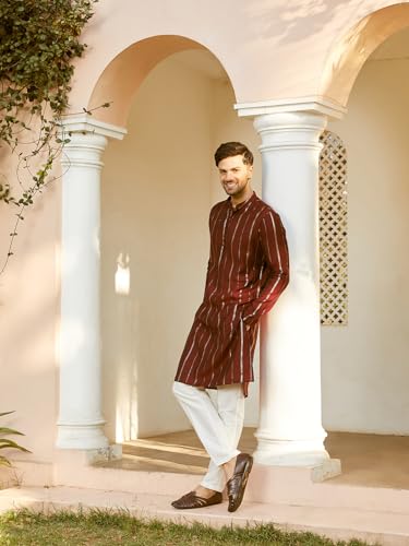 Image of See Designs Men Full Sleeve Chanderi Silk Sequins Mandarin Collar Side Slit Kurta With Pyjama