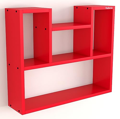 Image of Madhuran Wood Riya Books Cum Display Wall Rack Shelves Set of1 Red