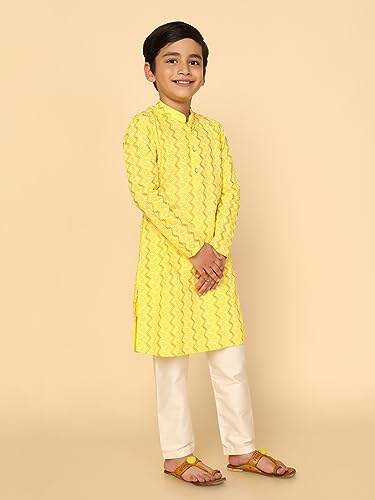 Image of KISAH Kid's Full Sleeves Cotton Blend Knee Length Printed Kurta Pyjama Set (3-4Y, Corn Yellow)