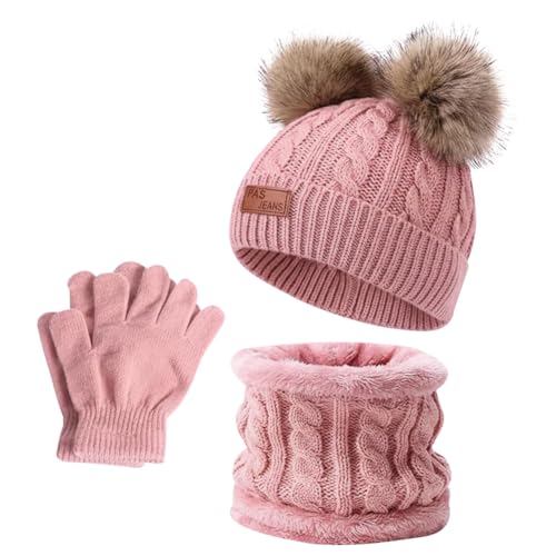Conjunto Accesorios de Invierno 3 Piezas Niños Set, Conjunto de Bufanda Sombrero y Gorro Niño, Gorros con Pompon Lana Niño Braga Cuello Polar y Guantes de Punto Cálidos para Niñas y Niños (Rosa)