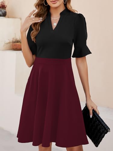 Image of Mokayee Womens Summer V Neck Ruffle Short Sleeve Fit and Flare Knee Length Church Wedding Guest Dresses with Pockets