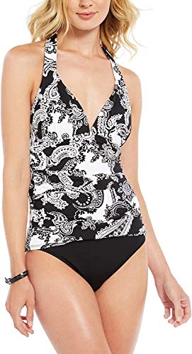 LAUREN RALPH LAUREN Top de tanquíni feminino estampado Paisley com controle de barriga, Preto/branco