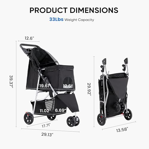 Image of NEWBULIG Pet Stroller for Dogs, Cats Stroller with 3 Wheel, Foldable, Lightweight and Durable, Ideal for Small to Medium Pets, Includes Storage Basket and Cup Holders, Black
