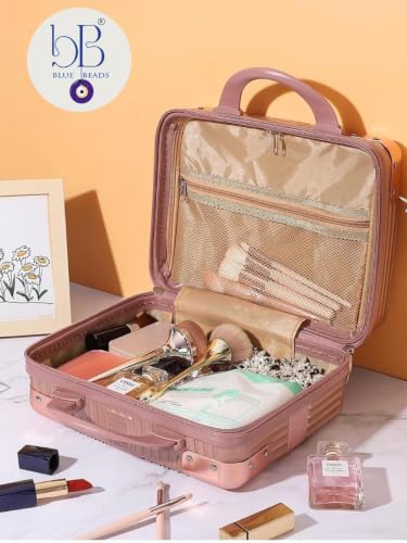 Image of BLUE BEADS Travel Makeup Case with Lock & Luggage Strap, ABS Hard Shell Cosmetic Vanity Case, Portable Makeup Organizer for Women, Beauty Storage Box for Makeup & Toiletries (Peach, Model 3)