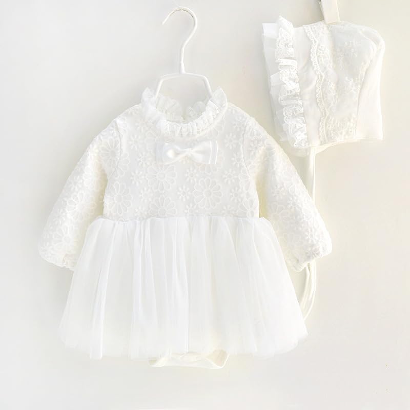 Baby Girl White Lace Dress Christening Bonnet Set, Long Sleeve Cotton Lined Baptism Dress Newborn Girl Spring Autumn Outfit2