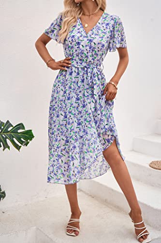 Image of PRETTYGARDEN 2023 Women's Floral Summer Dress V Neck Short Sleeve Ruffle Hem A-Line Boho Maxi Dresses