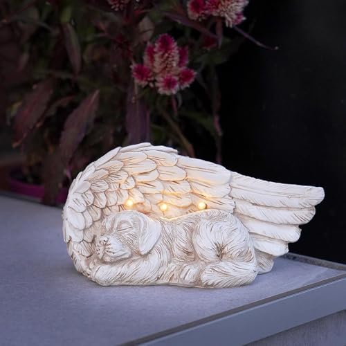 Festive Lights Hund Gedenkstein mit Engelsflügeln – 20 cm solarbetriebenes LED Grablicht, wetterfeste Grabdeko für Tiergrab, Trauerstein aus Kunstharz für Garten