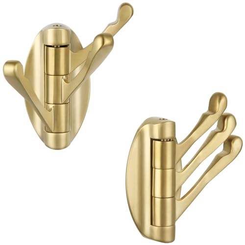 Angle Simple Swivel Towel Hook Brushed Gold 2 PCS, Metal Folding Bathroom Hook, Bath Towel Holder, Heavy Duty Robe Clothes Hanger for Bathroom RV Wall Mount