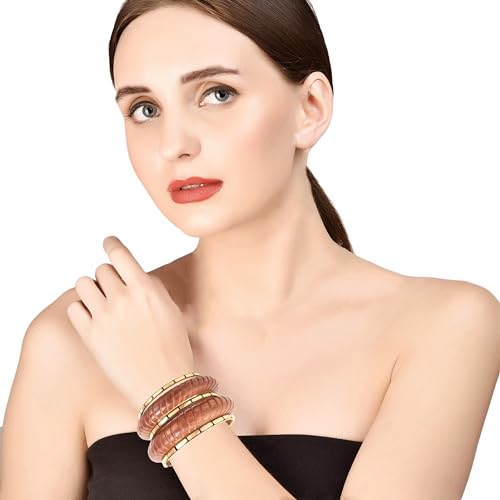 Image of Touchstone wood bracelets for women bangle wooden jewelry handmade artisan bangles natural handcrafted brown olive stylish chunky boho bohemian bracelet brass metal inlaid woods stackable