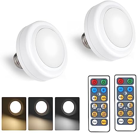 MILDWARM 2 Pack Battery Operated Light Bulbs with Remote, AAA Battery Powered Wireless LED Light Bulb for Lamps, Dimmable E26 Screw in Puck Lights with Timer for Wall Sconces No Electricity Fixtures
