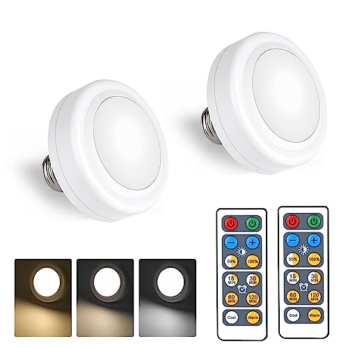 Mildwarm 2 Pack Battery Operated Light Bulbs With Remote, Aaa Battery Powered Wireless Led Light Bulb For Lamps, Dimmable E26 Screw In Puck Lights With Timer For Wall Sconces No Electricity Fixtures #TOP2