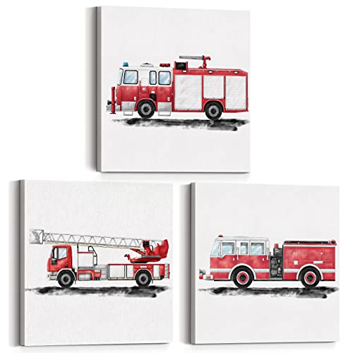 Image of Set of 3 Fire Truck Nursery Transportation Framed Wall Art Decor Watercolor Fire Engine Firetruck Canvas Paintings Prints Posters for Home Kids Toddler Boys Bedroom, 12x12 Inch