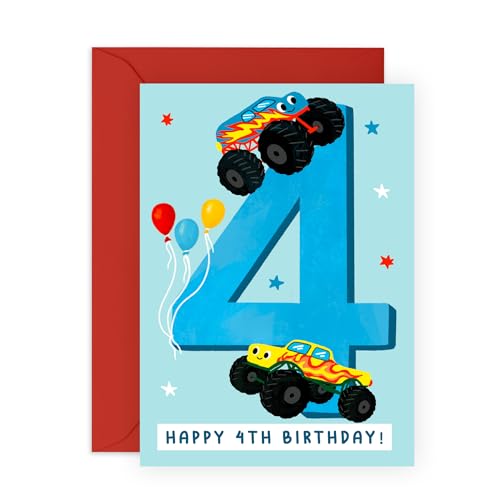 4th Birthday Card for Boys Monster Truck Design Fun and Colourful Card Gifts for Kids Son Nephew Grandson Children Little Ones from Mum Dad Family Turning 4 Years Old- Comes with Stickers