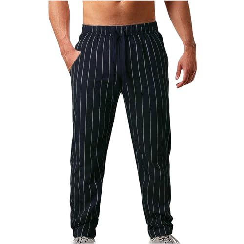 Mens Striped Linen Pants Stretch Waist Drawstring Open Bottom