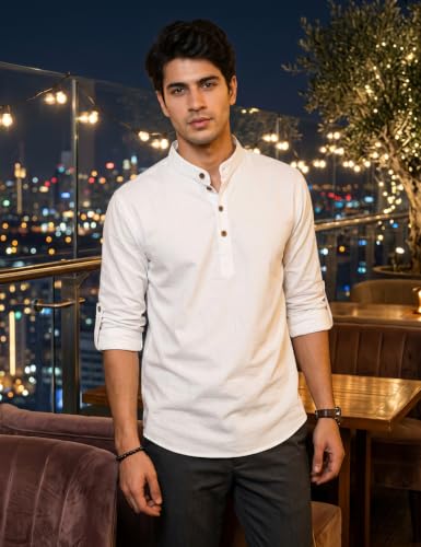 Image of Fifth U Men's Cotton Polyester Blend Solid Mandarin Collar Self Design Full Sleeve Casual Short Kurta