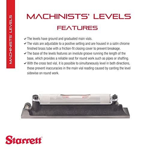 Image of Starrett Machinists' Level with Ground and Graduated Main Vial - Ideal for Machine Shop and Tool Room Use - 8 inch Length, Cross Test Vial, Without Case - 98-8