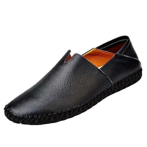 Round Toe Rubber Sole Loafers Shoes for Men Genuine Leather Stitching Details Slip Resistant Lightweight Flexible Casual Outdoor Slip-on