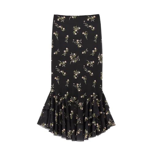 French Retro Floral Printed Ruffle Edge Chiffon Skirts for Summer High Waisted Vacation Midi Skirts Womens