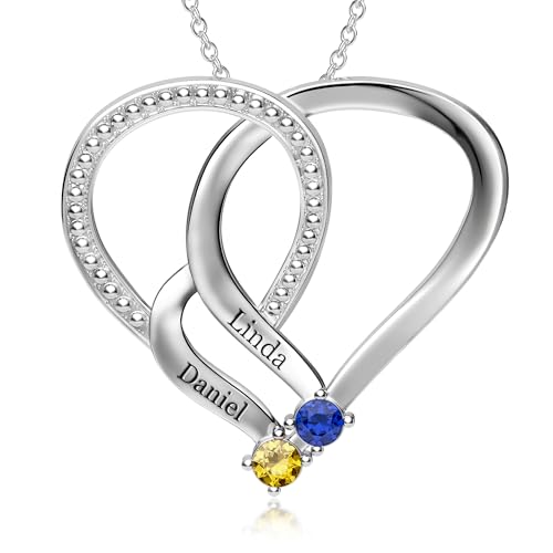 Easycosy Collier Personnalisé Prénom avec Pierres de Naissance -Cadeau Fête des Mères Maman Femme- Collier gravé 1-2 Nom Collier Pendentif Cœur Bijou...