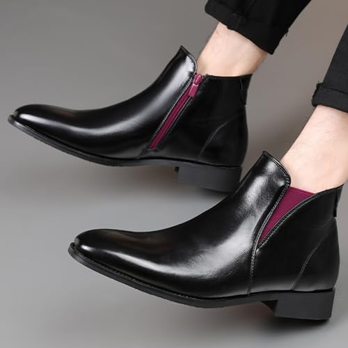 Men's Leather Slip-On Chunky Heel Chelsea Ankle Boots Fashion Pointed Toe Side Zipper Non-Slip Low Block Heel Business Dress Booties4