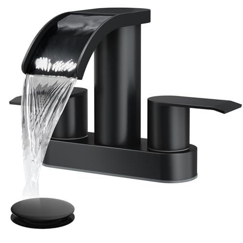 gotonovo 4 Inch Centerset Waterfall Bathroom Sink Faucet Deck Mount 2 Handle Basin Faucets 2 or 3 Hole with Pop Up Drain Included Lavatory Modern Mixer Tap Vanity Faucet Matte Black