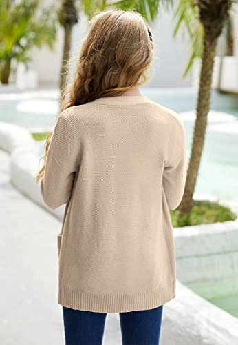 Image of Goranbon Girls' Cardigan Sweaters Open Front Long Sleeve Casual Sweater Coats with Pockets Beige