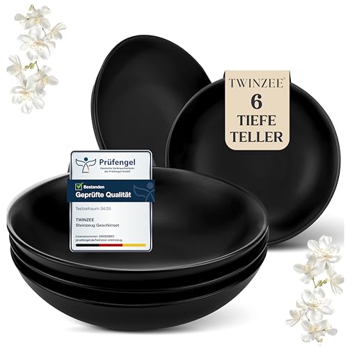 Twinzee Steinzeug Geschirrset Schwarz - Set von 6 Tiefe Teller - Mikrowellen- und Spülmaschinenfest - Geschirr und Tischkunst Elegant