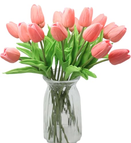 ALIERSA 10-Heads Artificial Flowers PU Mini Real Touch Tulip Bouquets for Home Wedding Party Centerpiece Decoration (Coral)