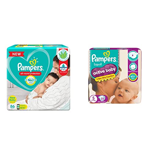 Image of Pampers All round Protection Pants, New Born, Extra Small size baby diapers (NB,XS) 86 Count, Lotion with Aloe Vera & Active Baby Taped Diapers, Small size diapers, (S) 22 count