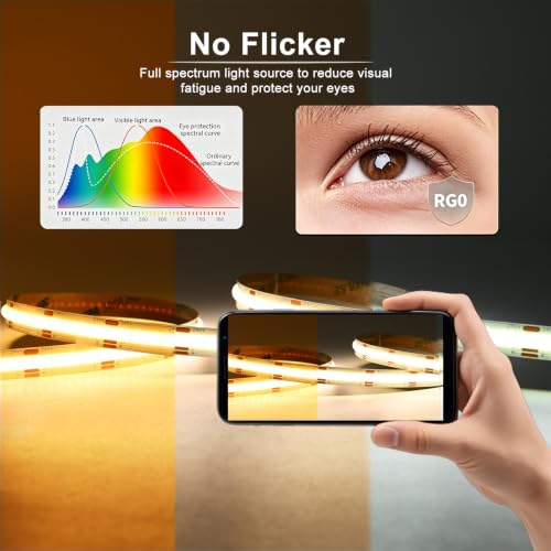 Image of FCOB COB CCT LED Strip Light, 24V DC Tunable White 2700K-6500K, 608LEDs /m Dotless LED Tape, CRI90+ Dimmable, UL Listed, 16.4FT for Bedroom Kitchen Indoor Decor (No Adapter or Controller)