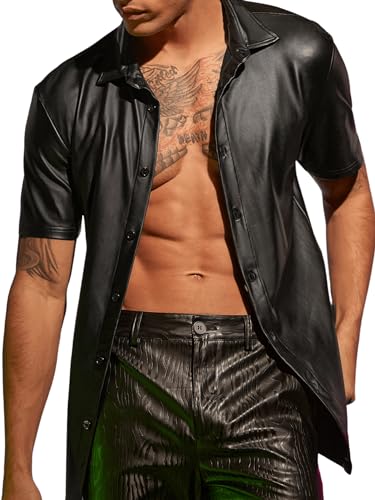 WDIRARA Men's PU Leather Button Down Short Sleeve Dress Shirt Casual Streetwear Top3