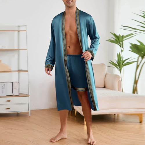 Men's Luxury Sliky Bathrobe Set 2 PCS Satin Kimono Robe and Shorts Long Sleeve Sleepwear Pjs Sets for Travel Spa2