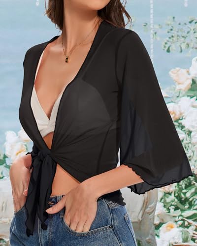 Women's Short Cardigan Bolero Shrug Sheer Tie Front Top 3/4 Sleeve Jacket for Dress4