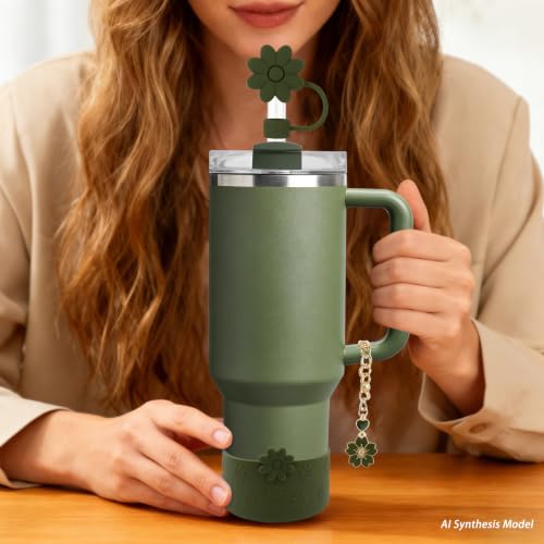 Hpebl 7Pcs Cup Accessories Olive Green for Stanely Cups 40&30oz Flower Silicone Boot Straw Covers Toppers 10mm(0.4in) Spill-Proof Stopper Set Handle Charm for Stanely Cup Tumbler Accessorise — view 6