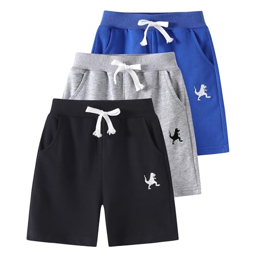 3-Pack Toddler Boys' Cotton Athletic Shorts with Pockets Pull-On Design Active Dinosaur Embroidery, Soft and Breathable