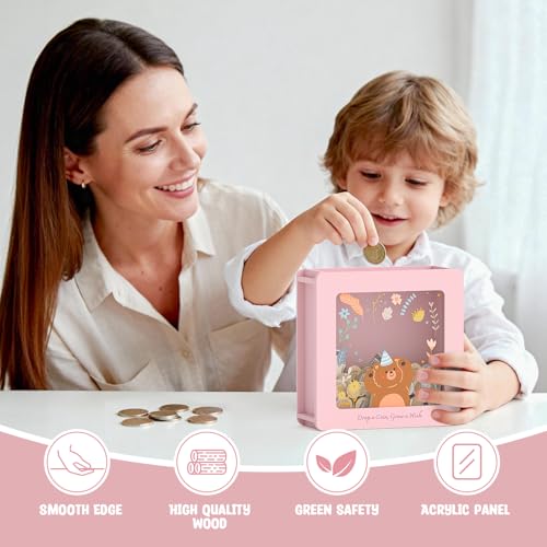 Image of Summidate Wooden Money Saving Box, Clear Window Cash Vault Savings Box with DIY Stickers, Personalized Bear Piggy Bank for Kids & Adults, Birthday /Baby Shower /Wedding Gift