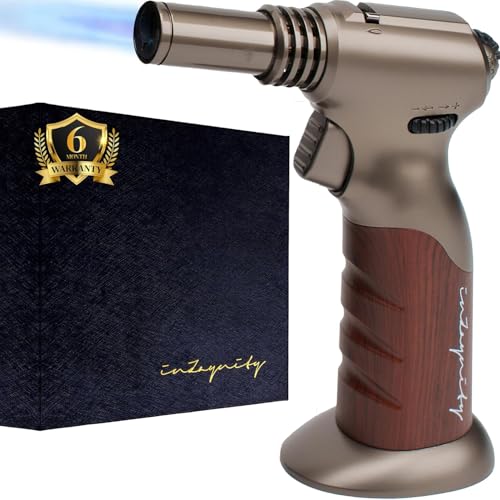 Dual Flame Butane Torch - Refillable Handheld Blow Torch for Cooking, Soldering, & Resin Art w/Adjustable Flame & Ignition Lock - Kitchen Blow Torch & Luxurious Gift Box by inZaynity - Brown Steel