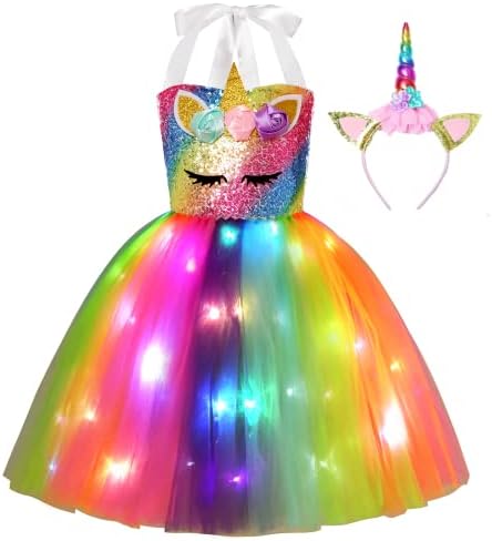 Gigoitly Unicorn Dress for Girls Sequin Unicorn Costume with LED Lights for Halloween Birthday Party Decorations