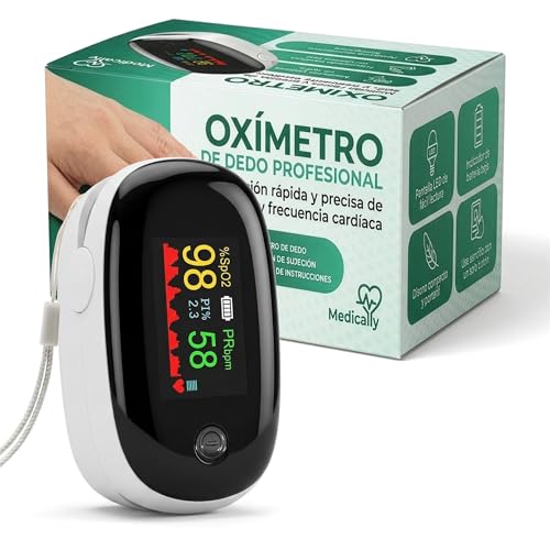 Medicaly - Oximetro Dedo Profesional con Pantalla OLED - Pulxiosimetro Medidor de Saturacion de Oxigeno en Sangre y Frecuencia Cardiaca - Ligero y Portatil.