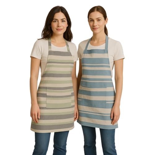 Image of Unisex Cooking Aprons | Waterproof Apron | Striped Design with 2 Front Pockets & Adjustable Neck Strap | Durable, Oil & Stain Resistant | Chef Apron for Cooking
