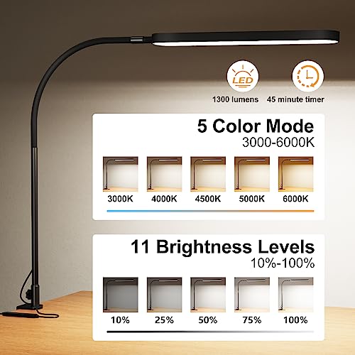 Image of SKYLEO Led Desk Lamp - Desk Light for 33.5 inch Tall - Flexible Gooseneck - 5 Color Modes X 11 Brightness Levels - 1300LM - Timmer & Memory Function - 12W Clip on Light - Black