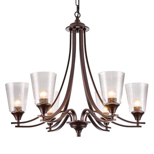 Image of Oil Rubbed Bronze Chandeliers Antique Pendant Lights 6-Light for Kitchen Island 47.2 inch Max Height Adjustable Vintage Brown Ceiling Chandeliers for Dinging Room Foyer Staircase